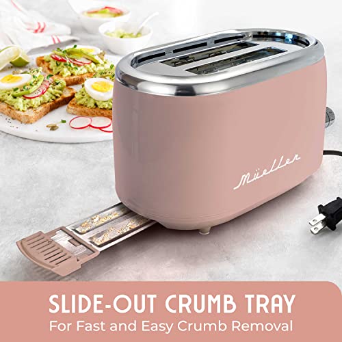 Mueller Retro Toaster 2 Slice with 7 Browning Levels and 3 Functions: Reheat, Defrost & Cancel, Stainless Steel Features, Removable Crumb Tray, Under Base Cord Storage, Pink