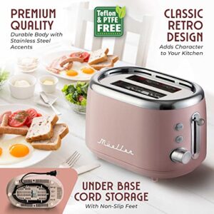 Mueller Retro Toaster 2 Slice with 7 Browning Levels and 3 Functions: Reheat, Defrost & Cancel, Stainless Steel Features, Removable Crumb Tray, Under Base Cord Storage, Pink