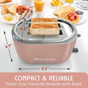 Mueller Retro Toaster 2 Slice with 7 Browning Levels and 3 Functions: Reheat, Defrost & Cancel, Stainless Steel Features, Removable Crumb Tray, Under Base Cord Storage, Pink