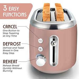 Mueller Retro Toaster 2 Slice with 7 Browning Levels and 3 Functions: Reheat, Defrost & Cancel, Stainless Steel Features, Removable Crumb Tray, Under Base Cord Storage, Pink