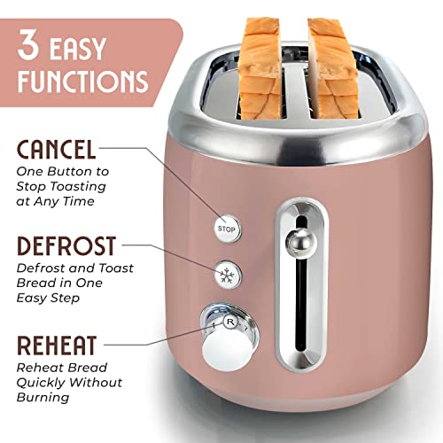 Mueller Retro Toaster 2 Slice with 7 Browning Levels and 3 Functions: Reheat, Defrost & Cancel, Stainless Steel Features, Removable Crumb Tray, Under Base Cord Storage, Pink