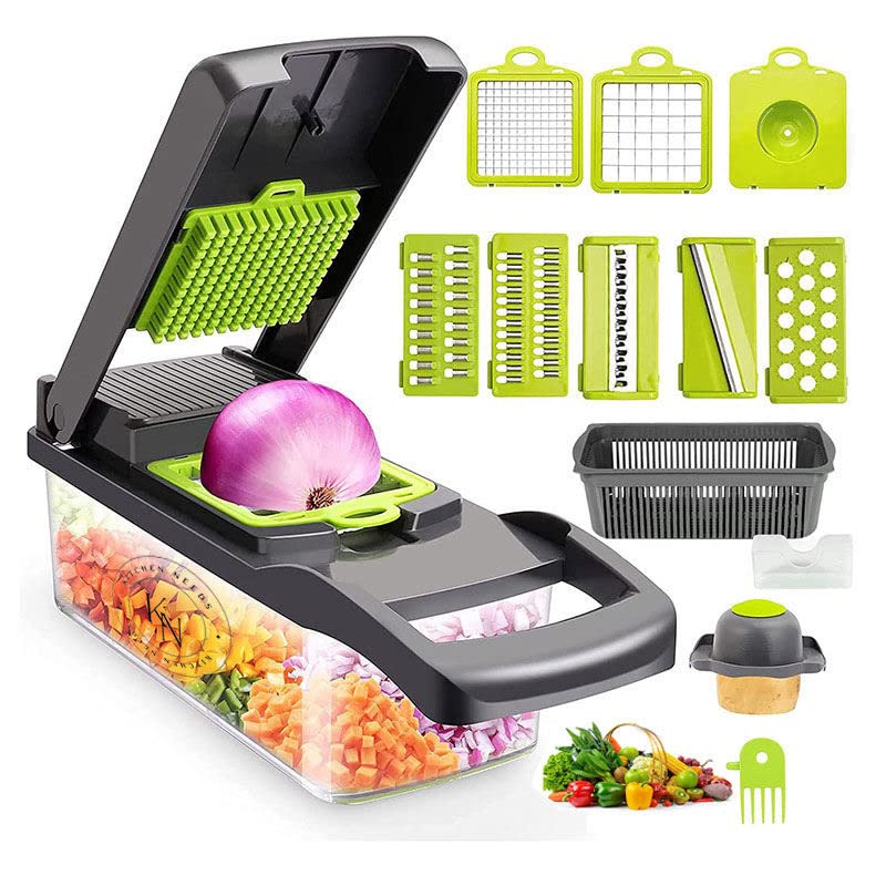 KITCHEN NEEDS 12 In 1 Multifunctional Manual Vegetable Slicer, Veggie Cutter, Very Sharp blades, Gray