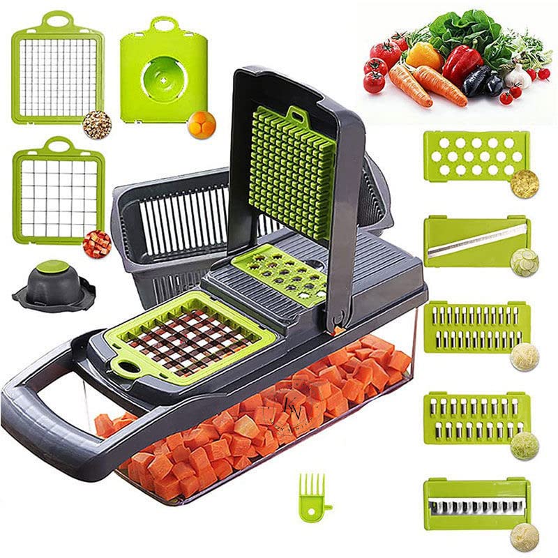 KITCHEN NEEDS 12 In 1 Multifunctional Manual Vegetable Slicer, Veggie Cutter, Very Sharp blades, Gray