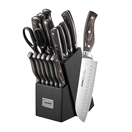 Knipan Kitchen Knife Set with Block, 16 Pieces Professional Stainless Steel Forged Chef Knife Block Set, Ultra Sharp Knives with Wood Handle, Black