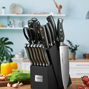 Knipan Kitchen Knife Set with Block, 16 Pieces Professional Stainless Steel Forged Chef Knife Block Set, Ultra Sharp Knives with Wood Handle, Black