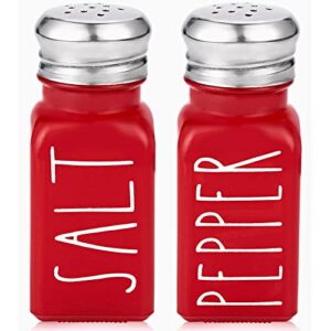 red salt and pepper shakers set by brighter barns – farmhouse red kitchen decor and accessories for home restaurants weddings – cute modern glass christmas red shaker sets & stainless steel lid (red)