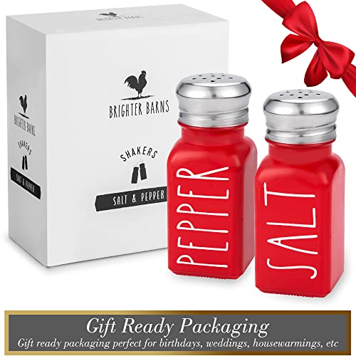 Red Salt and Pepper Shakers Set by Brighter Barns - Farmhouse Red Kitchen Decor and Accessories for Home Restaurants Weddings - Cute Modern Glass Christmas Red Shaker Sets & Stainless Steel Lid (Red)