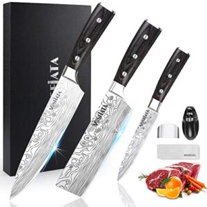 mosfiata professional chef knife set with german high carbon stainless steel kitchen knife set 3 pcs-8″ chefs knife &7″ nakiri knife&5″ utility knife, knives set for kitchen with gift box