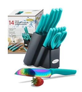 dishwasher safe knife set, marco almond®14pc rainbow titanium kitchen knife set, kya27 knives sets for kitchen with block, teal