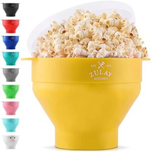 zulay kitchen large microwave popcorn maker – silicone popcorn popper microwave collapsible bowl with lid – family size microwave popcorn bowl – bright yellow