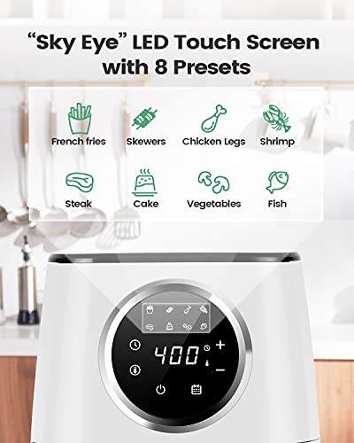 [NEW LANUCH] KOOC Large Air Fryer, 4.5-Quart Electric Hot Oven Cooker, Free Cheat Sheet for Quick Reference Guide, LED Touch Digital Screen, 8 in 1, Customized Temp/Time, Nonstick Basket, White