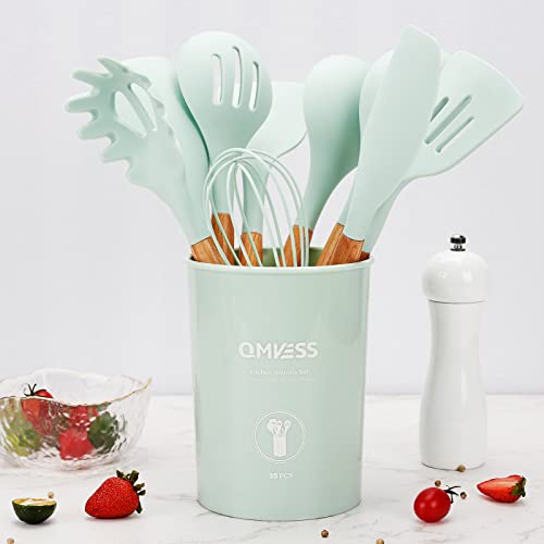 Kitchen Utensils Set, QMVESS 35 Pcs Non-Stick Silicone Cooking Utensils Set with Holder, Sturdy Wooden Handle, Heat Resistance Silicone Spatula Spoon Kitchen Gadgets Utensils Set (Light Green)