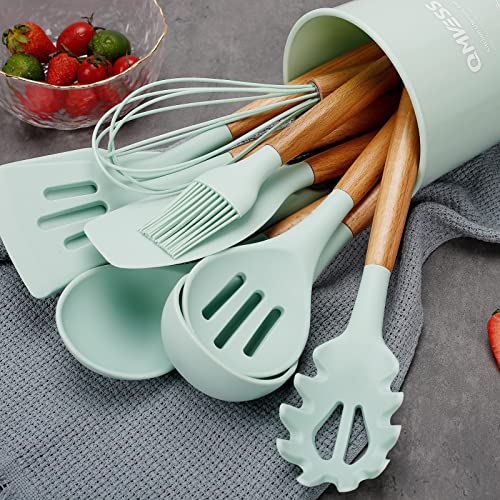 Kitchen Utensils Set, QMVESS 35 Pcs Non-Stick Silicone Cooking Utensils Set with Holder, Sturdy Wooden Handle, Heat Resistance Silicone Spatula Spoon Kitchen Gadgets Utensils Set (Light Green)