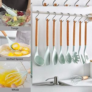 Kitchen Utensils Set, QMVESS 35 Pcs Non-Stick Silicone Cooking Utensils Set with Holder, Sturdy Wooden Handle, Heat Resistance Silicone Spatula Spoon Kitchen Gadgets Utensils Set (Light Green)