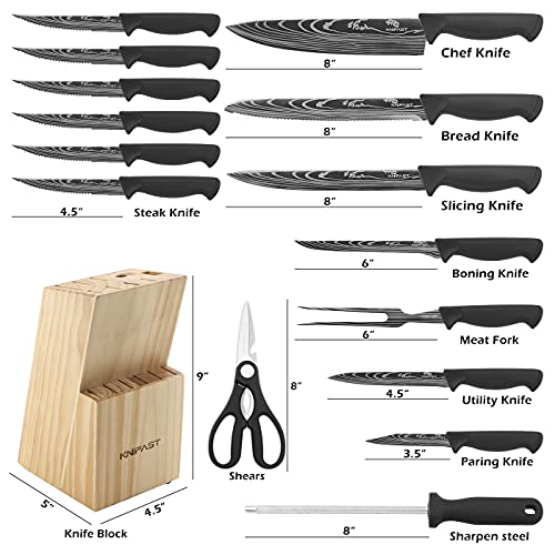 KNIFAST Kitchen Block Knife Set 16 Pieces With Boning Knife and Carving Fork, Manual Sharpening for Chef Knife Set Ultra Sharp