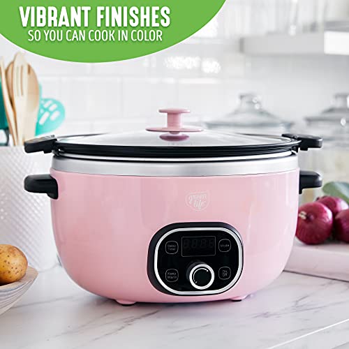 GreenLife Cook Duo Healthy Ceramic Nonstick 6QT Slow Cooker, PFAS-Free, Digital Timer, Dishwasher Safe Parts, Soft Pink