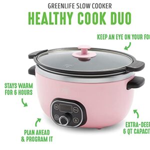 GreenLife Cook Duo Healthy Ceramic Nonstick 6QT Slow Cooker, PFAS-Free, Digital Timer, Dishwasher Safe Parts, Soft Pink