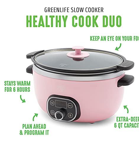 GreenLife Cook Duo Healthy Ceramic Nonstick 6QT Slow Cooker, PFAS-Free, Digital Timer, Dishwasher Safe Parts, Soft Pink