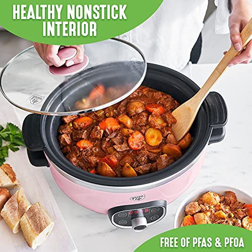 GreenLife Cook Duo Healthy Ceramic Nonstick 6QT Slow Cooker, PFAS-Free, Digital Timer, Dishwasher Safe Parts, Soft Pink