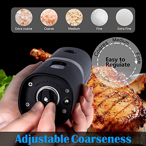 Rechargeable Electric Salt and Pepper Grinder Set with Double Charging Base, Support Battery Operated, Refillable Spice Automatic Mill Shakers Set with Adjustable Coarseness & LED Light