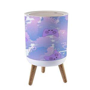 cakojv188 round trash can with press lid seamless with purple gaming joystick cool print for girls small garbage can trash bin dog-proof trash can wooden legs waste bin wastebasket 7l/1.8 gallon