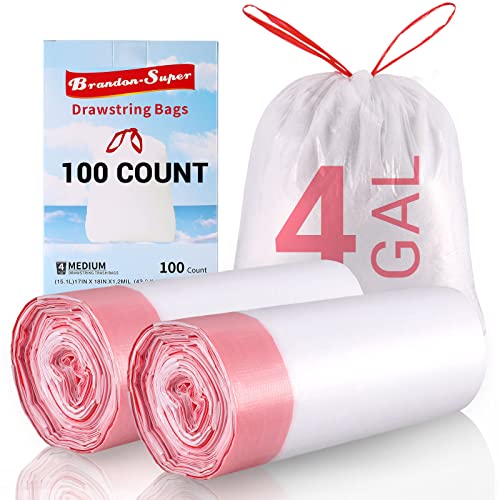 Small Trash Bag 4 Gallon Drawstring Garbage Bags 100 Count Thickened Design Stretchy. Disposable Bags 2-4 Gallon Bathroom kitchen Trash Bags White 100 Count