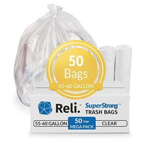 reli. supervalue 55 gal trash bags | 50 count | made in usa | clear trash bags heavy duty | 55 gallon – 60 gallon – 55 gal garbage bag | large trash bags 55-60 gal| clear, white