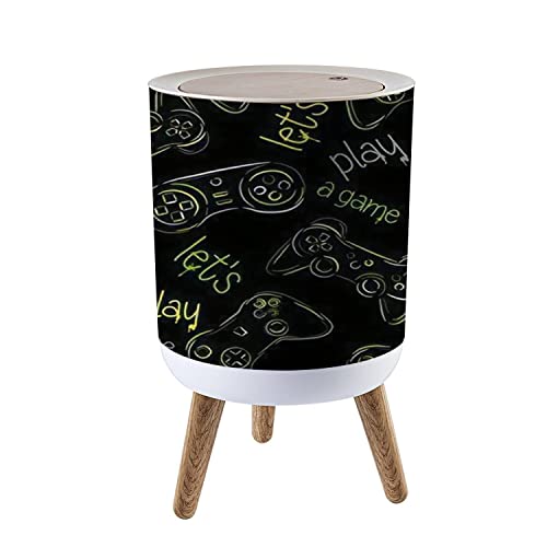 Round Trash Can with Press Lid Seamless abstract with colorful silhouettes joystick game for boys Small Garbage Can Trash Bin Dog-proof Trash Can Wooden Legs Waste Bin Wastebasket 7L/1.8 Gallon