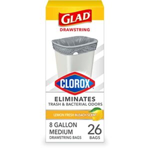 Glad Medium Drawstring Trash Bags with Clorox, 8 Gallon, Lemon Fresh Bleach Scent, 26 Count