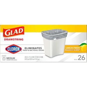 Glad Medium Drawstring Trash Bags with Clorox, 8 Gallon, Lemon Fresh Bleach Scent, 26 Count