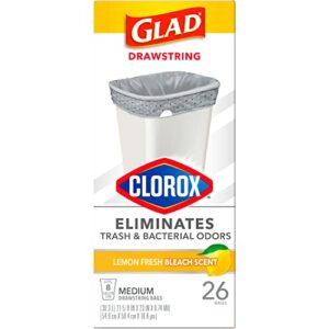 Glad Medium Drawstring Trash Bags with Clorox, 8 Gallon, Lemon Fresh Bleach Scent, 26 Count