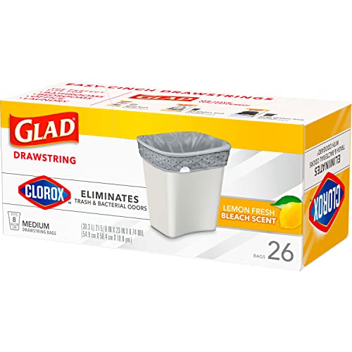 Glad Medium Drawstring Trash Bags with Clorox, 8 Gallon, Lemon Fresh Bleach Scent, 26 Count