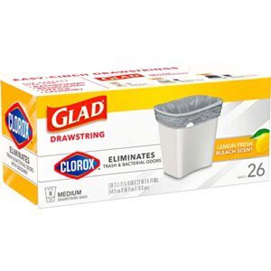 Glad Medium Drawstring Trash Bags with Clorox, 8 Gallon, Lemon Fresh Bleach Scent, 26 Count