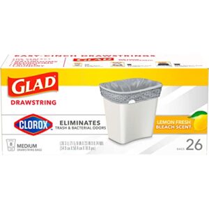 Glad Medium Drawstring Trash Bags with Clorox, 8 Gallon, Lemon Fresh Bleach Scent, 26 Count