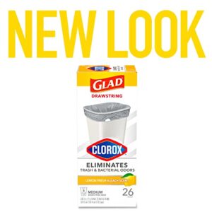 Glad Medium Drawstring Trash Bags with Clorox, 8 Gallon, Lemon Fresh Bleach Scent, 26 Count