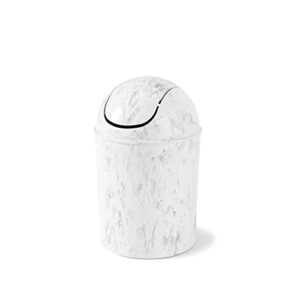 umbra 1.25-gallon mini waste can w/ swing-top lid – small garbage bin for compact spaces under tables & counters, miniature trashcan, removable lid for kitchens bathrooms bedrooms dorms, white marble