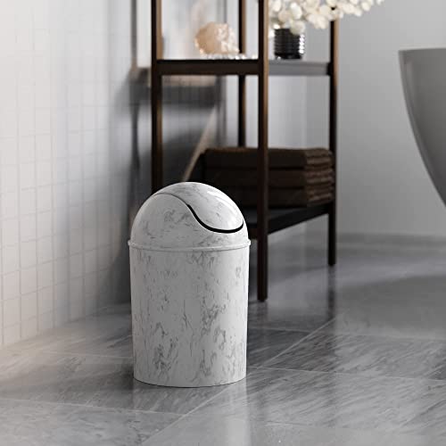 Umbra 1.25-Gallon Mini Waste Can w/ Swing-Top Lid - Small Garbage Bin for Compact Spaces Under Tables & Counters, Miniature Trashcan, Removable Lid for Kitchens Bathrooms Bedrooms Dorms, White Marble