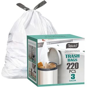 3 gallon 220pcs strong drawstring trash bags garbage bags by teivio, bathroom trash can bin liners, small plastic bags for home office kitchen, white