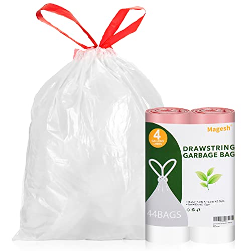 Drawstring Small Trash Bags, Magesh 4 Gallon Trash Bag Drawstring Extra Thick, Small Garbage Bags 4 Gallon Unscented, Quick Cinch for Bathroom Kitchen Office Small Can, 44 Count, White