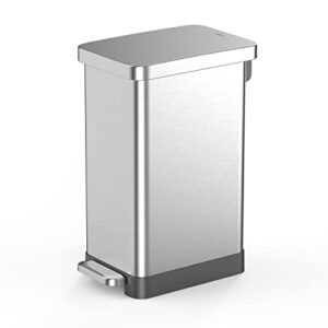 qualiazero 50l/13gal heavy duty hands-free stainless steel commercial/kitchen step trash can, fingerprint-resistant soft close lid trashcan, slim shape (50l slim) (qamzz10044)