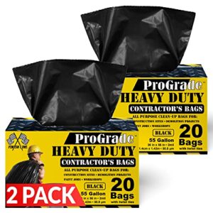 Reli. ProGrade Contractor Trash Bags 55 Gallon (40 Bags w/Ties) | Heavy Duty Trash Bags | 55 Gallon Trash Bags (2 Mil) | Black Contractor Bags | Garbage Bags, Construction Bags 55 Gal - 60 Gal |Black