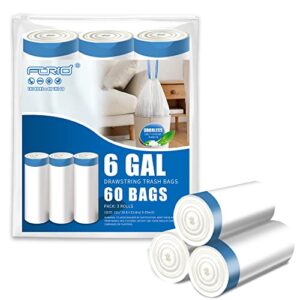 forid small drawstring garbage bags – 6 gallon plastic trash bags heavy duty white trash can liners 60 count unscented bin bags for kitchen bathroom office home bedroom 22 liter