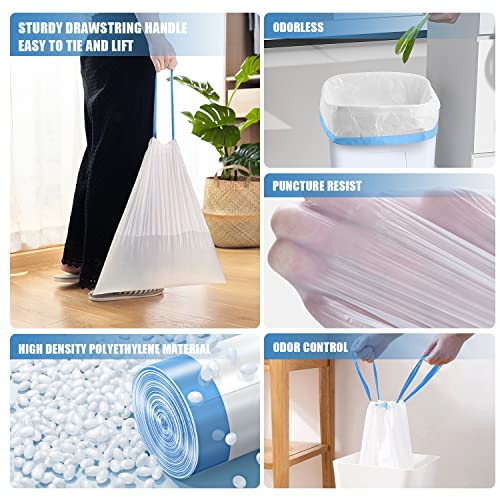 FORID Small Drawstring Garbage Bags - 6 Gallon Plastic Trash Bags Heavy Duty White Trash Can Liners 60 Count Unscented Bin Bags for Kitchen Bathroom Office Home Bedroom 22 Liter