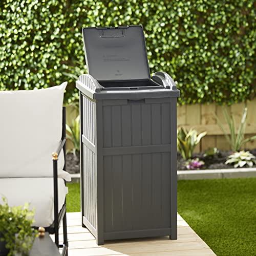 Suncast Trashcan Hideaway 31.5-Inch Tall Outdoor 30 Gallon Durable Garbage Can Trash Waste Bin Container with Latching Lid, Cyberspace