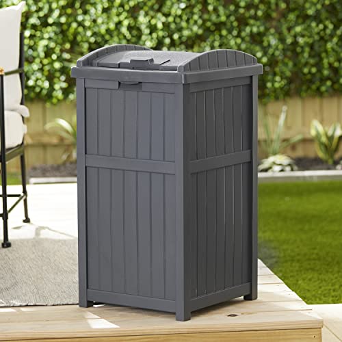 Suncast Trashcan Hideaway 31.5-Inch Tall Outdoor 30 Gallon Durable Garbage Can Trash Waste Bin Container with Latching Lid, Cyberspace