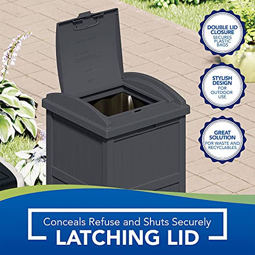 Suncast Trashcan Hideaway 31.5-Inch Tall Outdoor 30 Gallon Durable Garbage Can Trash Waste Bin Container with Latching Lid, Cyberspace