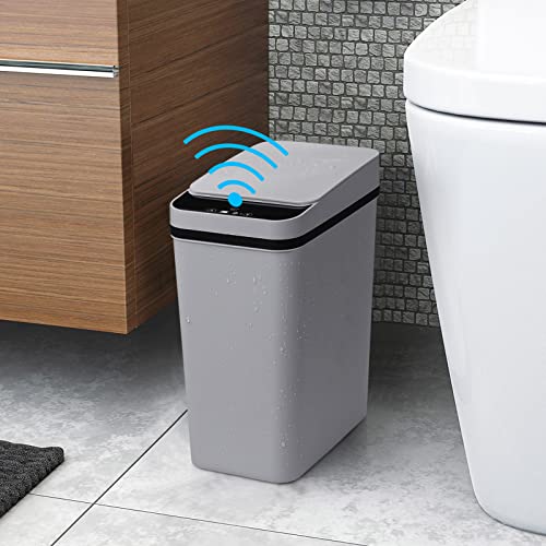 Anborry Smart Touchless Bathroom Trash Can 2.2 Gallon Automatic Motion Sensor Rubbish Can with Lid Electric Waterproof Narrow Small Garbage Bin for Kitchen, Office, Toilet, Bedroom (Grey)