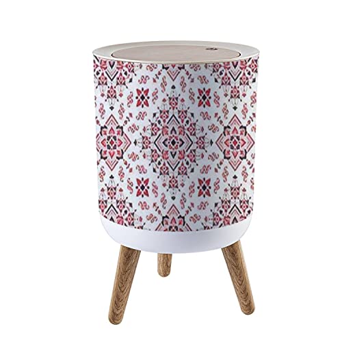 Small Trash Can with Lid Seamless Based on Ornament Paisley Bandana Print Vintage Style Silk Wood Legs Press Cover Garbage Bin Round Waste Bin Wastebasket for Kitchen Bathroom Office 7L/1.8 Gallon