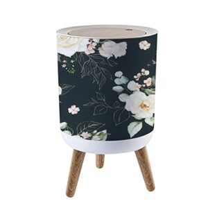ibpnkfaz89 small trash can with lid seamless watercolor floral pink flowers gold elements green leaves garbage bin wood waste bin press cover round wastebasket for bathroom bedroom office kitchen