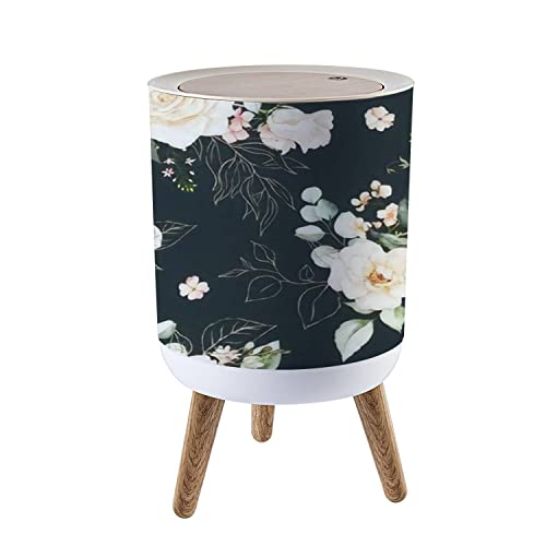 IBPNKFAZ89 Small Trash Can with Lid Seamless Watercolor Floral Pink Flowers Gold Elements Green Leaves Garbage Bin Wood Waste Bin Press Cover Round Wastebasket for Bathroom Bedroom Office Kitchen